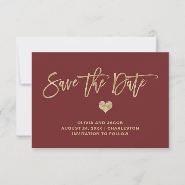 Elegant Burgundy and Gold with Heart Save The Date (Front)