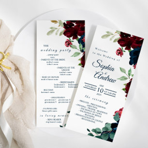 Elegant Burgundy and Navy Blue Flowers Wedding Program