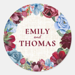 Elegant Burgundy and Navy Blue Wedding Classic Round Sticker