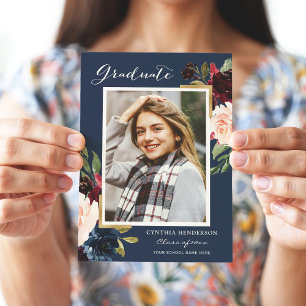 Elegant Burgundy and Navy Grad Photo Graduation Announcement