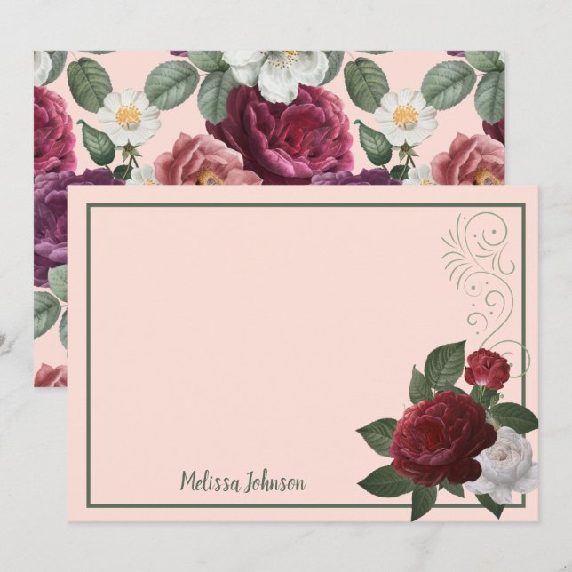 Elegant Burgundy and Pink Floral Personalized Card (Front/Back)