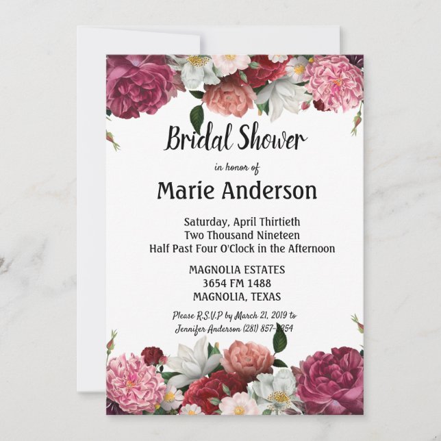 Elegant Burgundy and Pink Flowers Bridal Shower (Front)