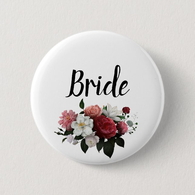 Elegant Burgundy and Pink Flowers Bride 2 Inch Round Button (Front)