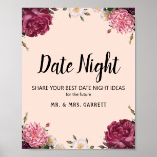 Elegant Burgundy and Pink Flowers Date Night Sign