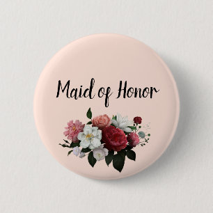 Elegant Burgundy and Pink Flowers Maid of Honour 2 Inch Round Button
