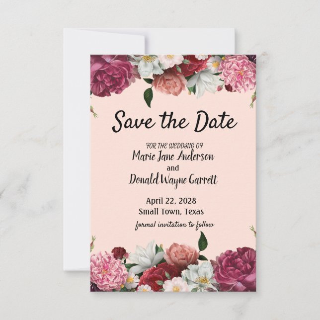 Elegant Burgundy and Pink Flowers Save The Date (Front)