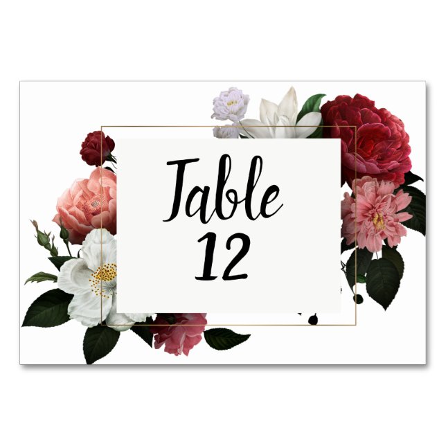 Elegant Burgundy and Pink Flowers Table Number (Front)