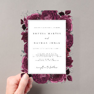 Elegant Burgundy And Silver Rose Clear Wedding Acrylic Invitations