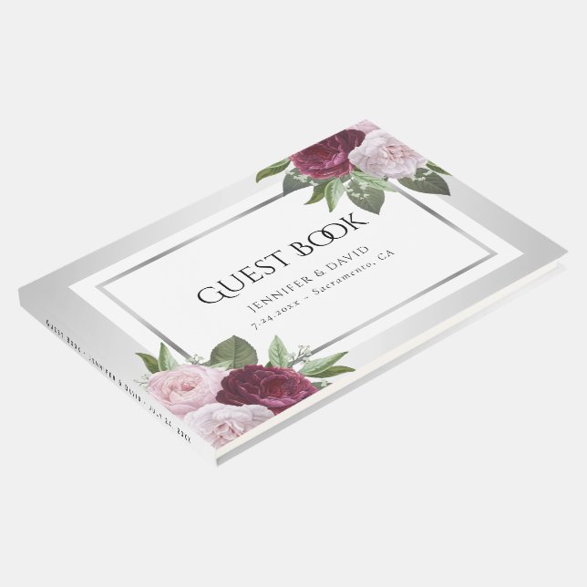 Elegant Burgundy and Silver Wedding Guest Book (Corner)