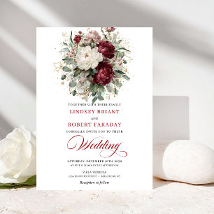 Elegant Burgundy and White Flowers Wedding Invite