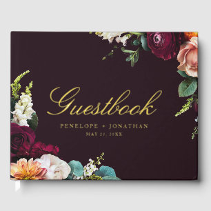 Elegant Burgundy Autumn Floral Gold Script Wedding Guest Book