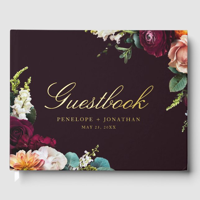 Elegant Burgundy Autumn Floral Gold Script Wedding Guest Book (Front)