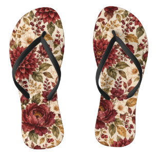 Elegant Burgundy Autumn Floral Women's Flip Flops