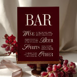 Elegant Burgundy Bar Menu Drinks Wedding Tabletop<br><div class="desc">Set the tone for your wedding reception with this elegant burgundy bar sign. Featuring a rich wine-red background paired with classic serif and script typography, this sign adds sophistication while clearly displaying your drink selection. Categories include wine, beer, spirits, and non-alcoholic beverages — making it easy for guests to find...</div>