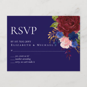Elegant Burgundy Blue Floral Wedding Budget RSVP Postcard