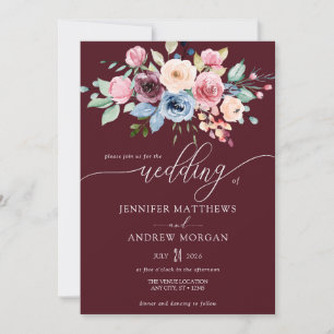 Elegant Burgundy Blue Flowers QR Code Wedding Invitation