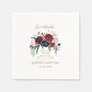 Elegant Burgundy Blue Watercolor Flowers Baptism Napkin