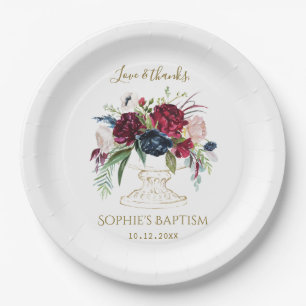 Elegant Burgundy Blue Watercolor Flowers Baptism Paper Plate