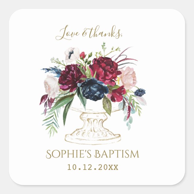 Elegant Burgundy Blue Watercolor Flowers Baptism Square Sticker (Front)