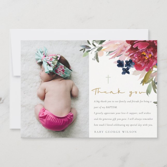Elegant Burgundy Blush Blue Floral Photo Baptism Thank You Card (Front)