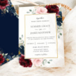 Elegant Burgundy Blush Blue Roses Floral Wedding  Invitation<br><div class="desc">Personalize this elegant wedding invitation with your own wording easily and quickly, simply press the customize it button to further re-arrange and format the style and placement of the text.  This chic invitation features beautiful watercolor burgundy, navy blue, blush pink roses and dainty green and gold foliage. Matching items available...</div>