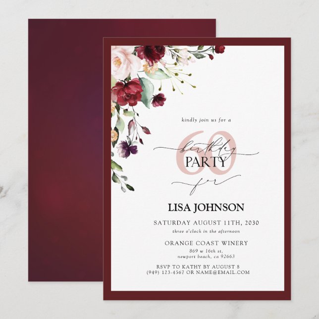 Elegant Burgundy Blush Floral 60th Birthday Invitation (Front/Back)