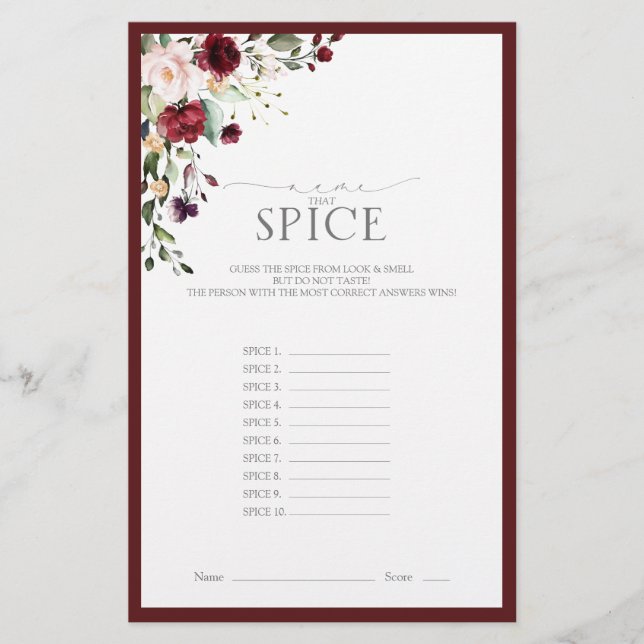 Elegant Burgundy Blush Floral Bridal Shower Game (Front)