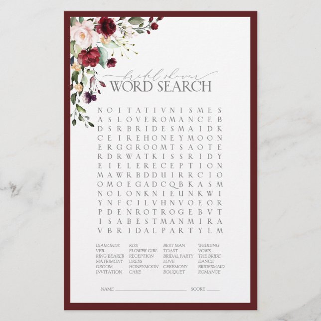 Elegant Burgundy Blush Floral Bridal Shower Game (Front)