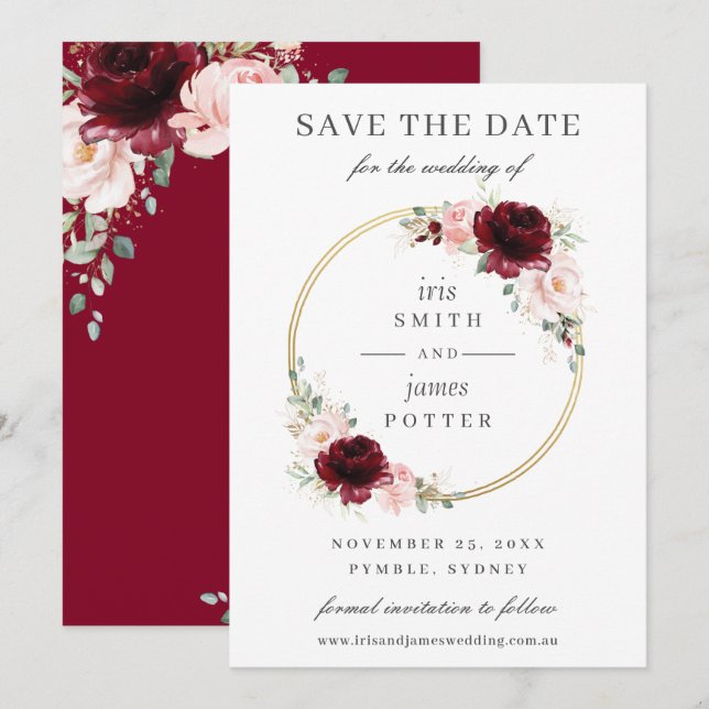 Elegant Burgundy Blush Floral Circle Gold Wedding Save The Date (Front/Back)
