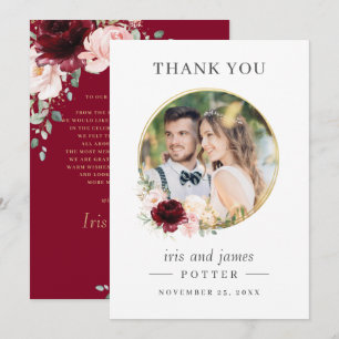 Elegant Burgundy Blush Floral Circle Gold Wedding Thank You Card