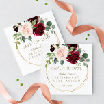 Elegant Burgundy Blush Floral Gold Retirement Save The Date<br><div class="desc">Unique and Elegant card design featuring gorgeous watercolour burgundy pink flowers and faux rose gold broken frame. Use Personalize tool to add your info. See,  also,  my Retirement Party Collection.</div>