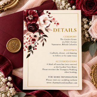 Elegant Burgundy Blush Floral Gold Wedding Details Enclosure Card