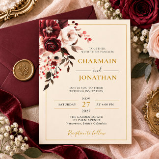 Elegant Burgundy Blush Floral Gold Wedding Invitation