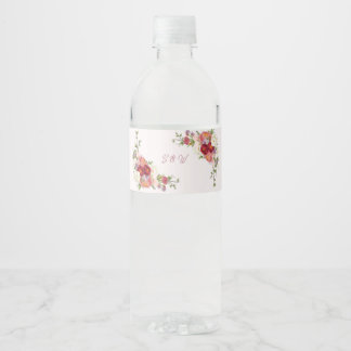 Elegant Burgundy Blush Floral Monogram Wedding Water Bottle Label
