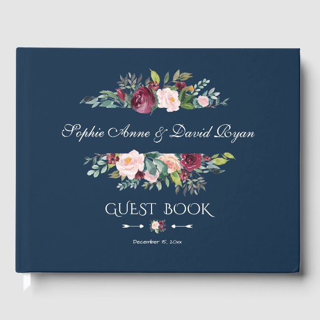 Elegant Burgundy Blush Floral Navy Blue Wedding Guest Book (Front)