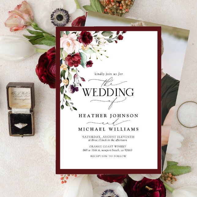 Elegant Burgundy Blush Floral Watercolor Photo Invitation (Creator Uploaded)