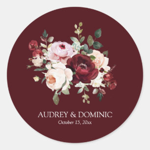 Elegant Burgundy Blush Floral Wedding Classic Round Sticker