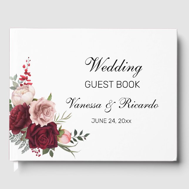 Elegant Burgundy Blush Floral Wedding Guest Book (Front)