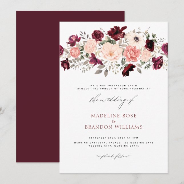 Elegant Burgundy Blush Floral Wedding Invitation (Front/Back)