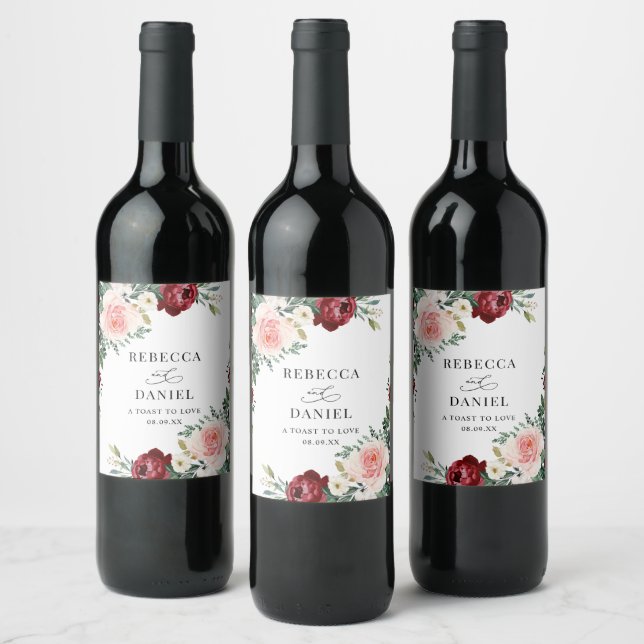 Elegant Burgundy Blush Floral Wedding Personalized Wine Label (Bottles)