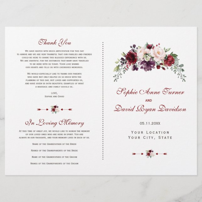 Élégant Burgundy Blush Floral Wedding Programme (Devant)