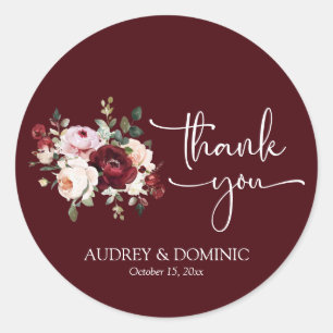 Elegant Burgundy Blush Floral Wedding Thank You Classic Round Sticker