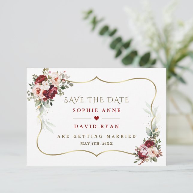 Elegant Burgundy Blush Flowers Gold Fall Wedding  Save The Date (Standing Front)
