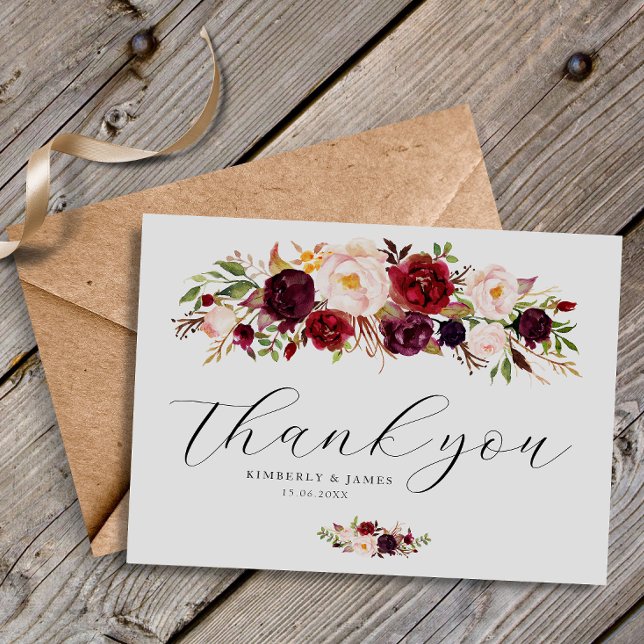 Elegant burgundy & blush flowers wedding postcard (Creator Uploaded)