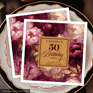 Elegant Burgundy Blush Gold Roses 50th Birthday  Napkin