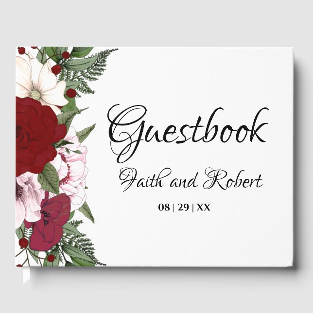 Elegant Burgundy Blush Green Floral Wedding Guest Book (Front)