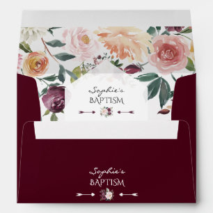 Elegant Burgundy Blush Ivory Floral Frame Baptism Envelope
