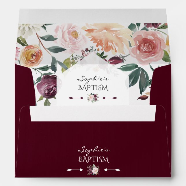 Elegant Burgundy Blush Ivory Floral Frame Baptism Envelope (Back (Bottom))