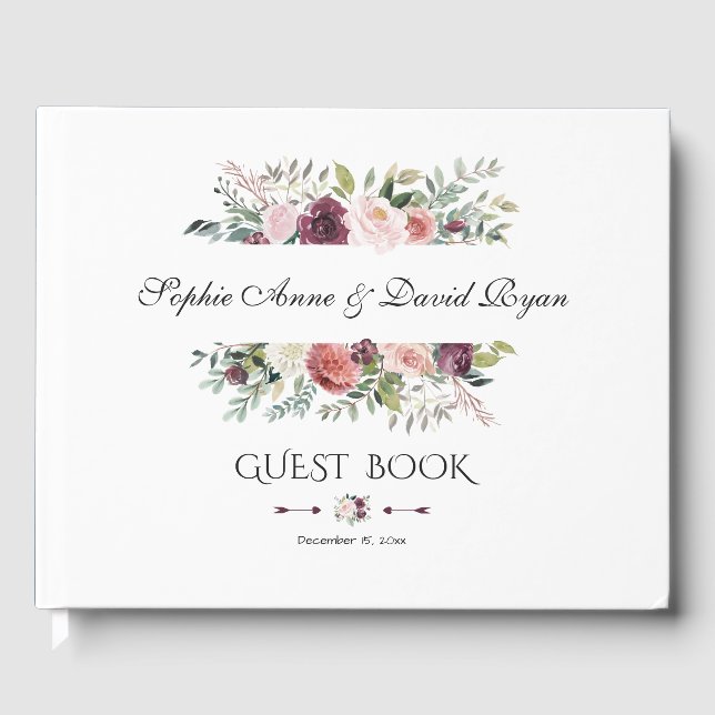 Elegant Burgundy Blush Ivory Floral Wreath Wedding Guest Book (Front)