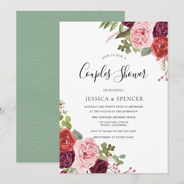 Elegant Burgundy Blush Mint Couples Shower Invite (Front/Back)